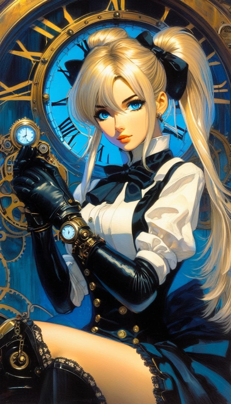 a woman dressed in the style of an anime style sitting under a clock, 1girl, clock, dress, solo, blonde hair, gloves, twintails, looking at viewer, blue eyes, drill hair, twin drills, black gloves, long sleeves, long hair , steampunk .(art inspired by Bill Sienkiewicz). oil painting)