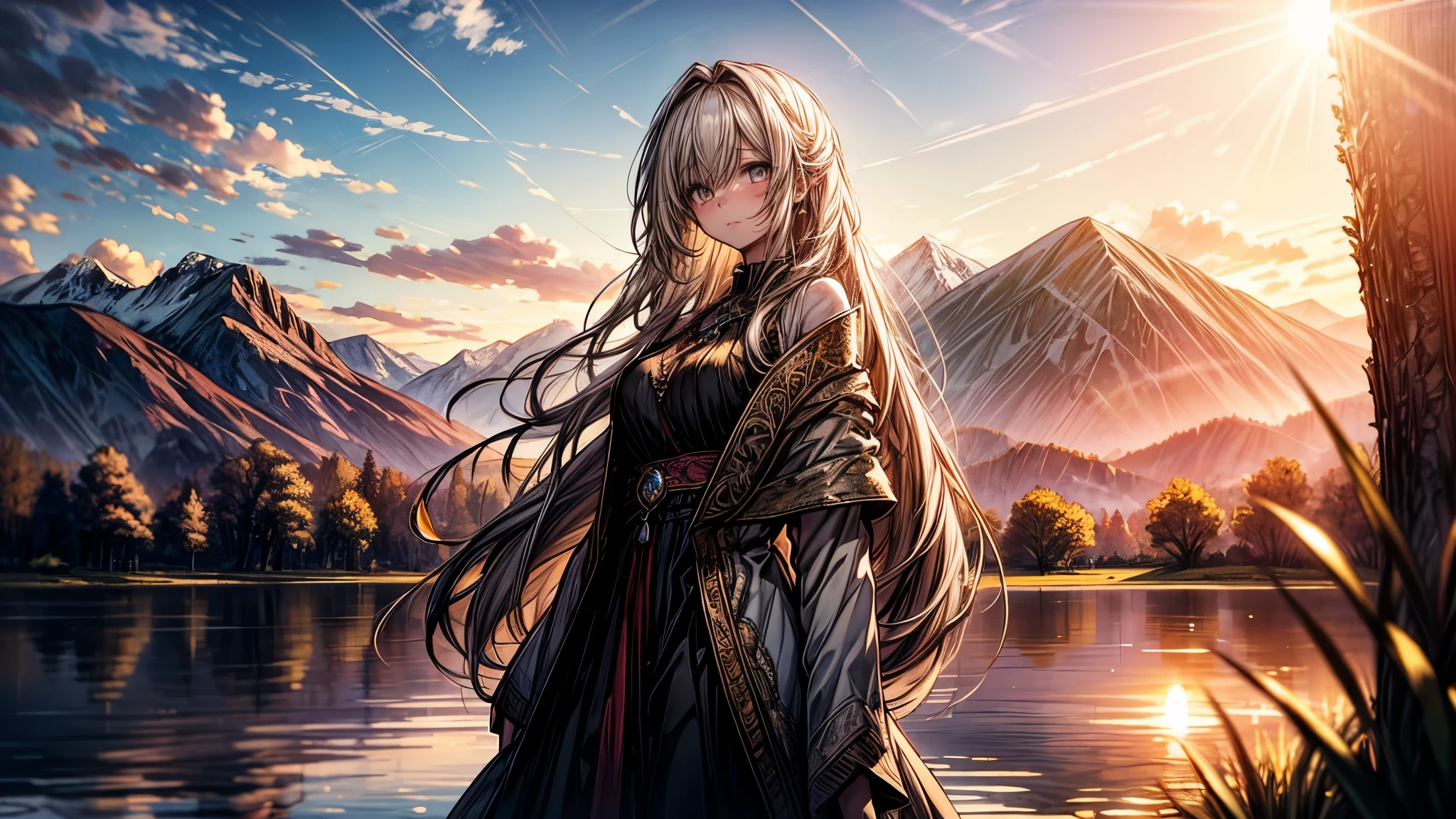 1 girl, serene expression, mesmerizing eyes, straight long hair, flowing dress, poised posture, porcelain skin, subtle blush, crystal pendant BREAK golden hour, (rim lighting):1.2, warm tones, sun flare, soft shadows, vibrant colors, painterly effect, dreamy atmosphere BREAK scenic lake, distant mountains, willow tree, calm water, reflection, sunlit clouds, peaceful ambiance, idyllic sunset, ultra detailed, official art, unity 8k wallpaper , zentangle, mandala