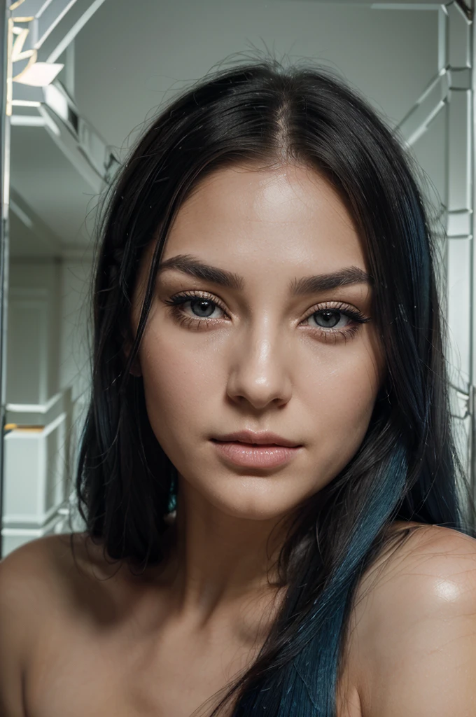 A girl with long blue hair. Her face is exquisite, with high cheekbones and smooth fair skin. Her large black eyes, framed by long thick eyelashes, are impressive and expressive, radiating calmness and confidence. Well-defined eyebrows curve gracefully above her eyes, adding intensity to her gaze. She has a small, straight nose and full, slightly parted lips that curve into a slight smile, revealing hints of mischief and allure. Her sharp, well-defined jawline gives her face a refined and elegant appearance. "fantasy goddess of mirrors", reflective, shatter, crash, broken glass, full portrait, finely drawn eyes, 8k resolution