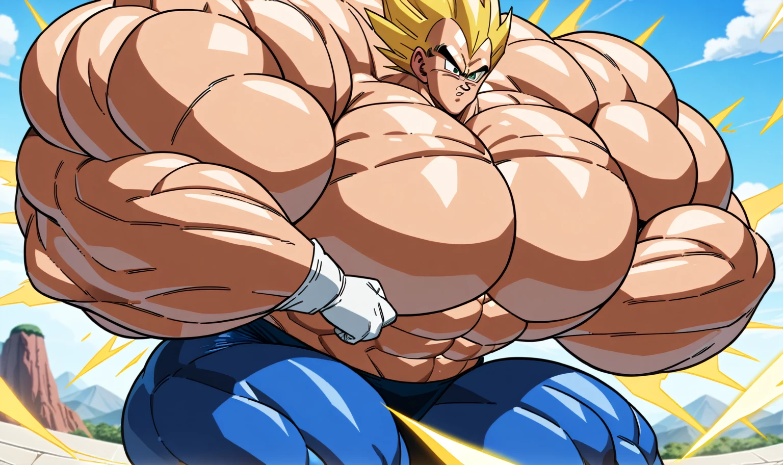 1boy, Vegeta, from Dragon Ball Z, masterpiece, best quality, very aesthetic, absurdres, saiyan, green eyes, spiked hair, (yellow hair:1.5), shirtless, blue skintight pants, white gloves, (huge muscles:3), dragonballartstyle, in the style of Akira Toriyama, white tiled floor, outdoors, flat-top mountains, yellow aura, electricity, (thick thighs:2), (nipples:1)