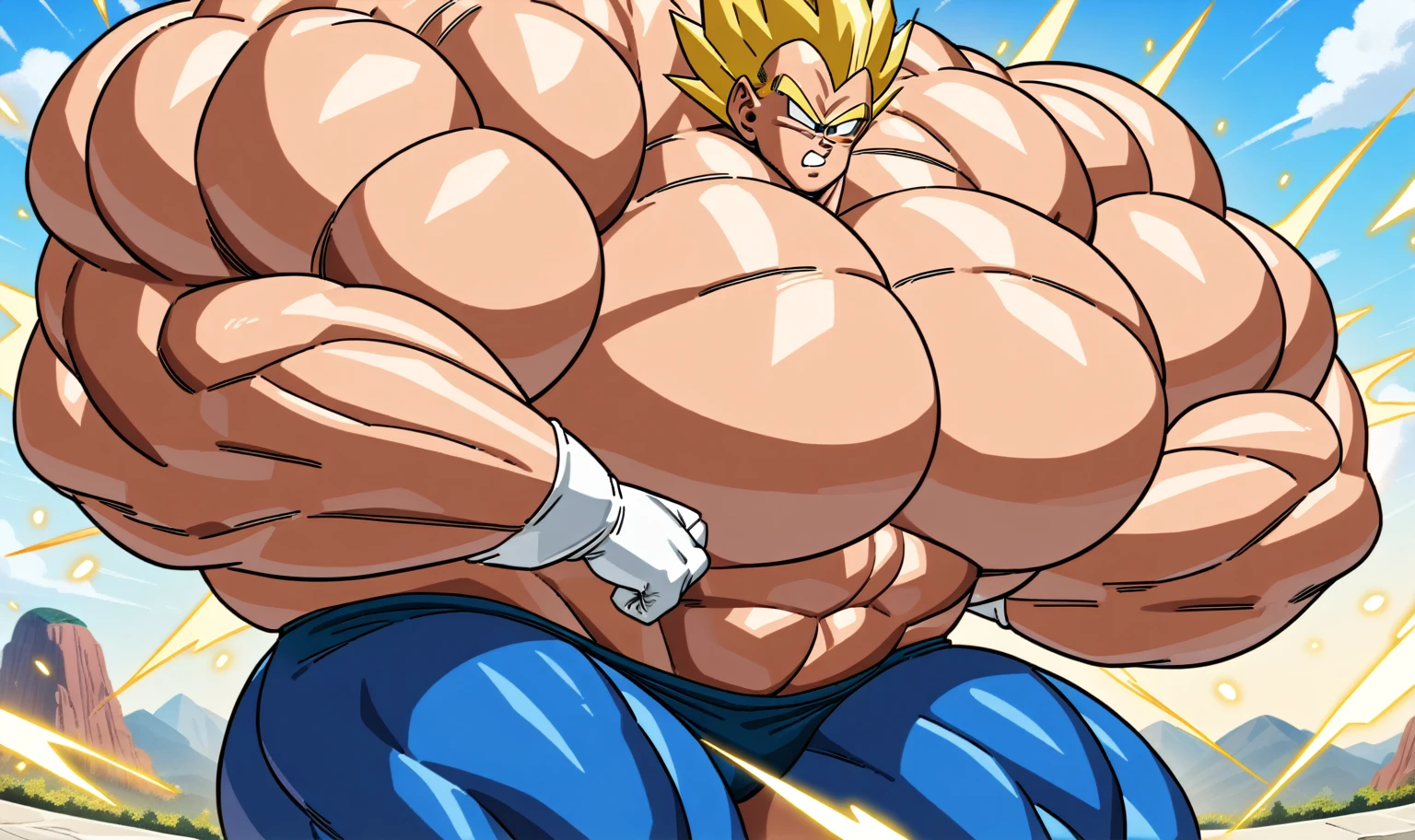 1boy, Vegeta, from Dragon Ball Z, masterpiece, best quality, very aesthetic, absurdres, saiyan, green eyes, spiked hair, (yellow hair:1.5), shirtless, blue skintight pants, white gloves, (huge muscles:3), dragonballartstyle, in the style of Akira Toriyama, white tiled floor, outdoors, flat-top mountains, yellow aura, electricity, (thick thighs:2), (nipples:1)