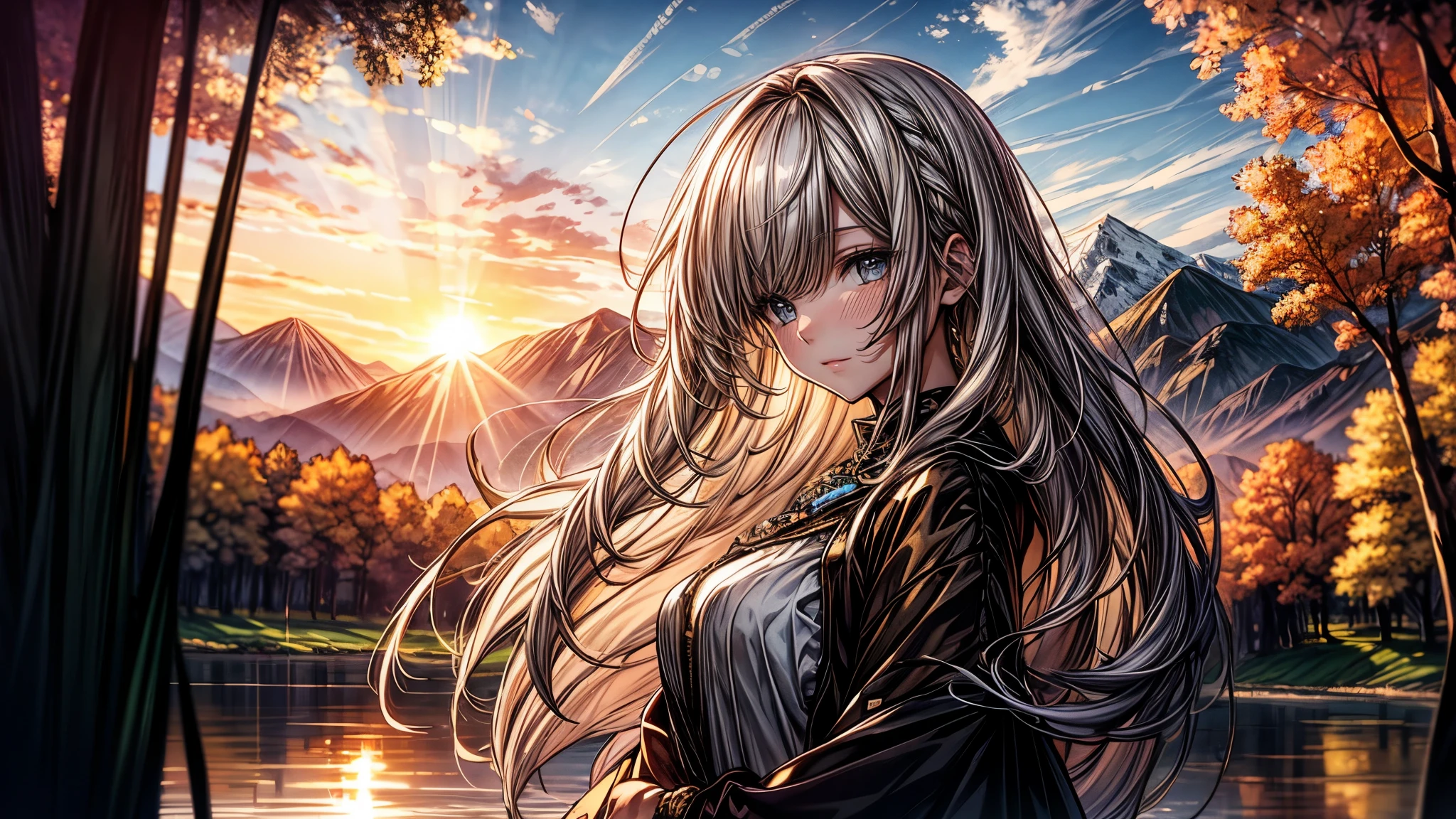 1 girl, serene expression, mesmerizing eyes, straight long hair, flowing dress, poised posture, porcelain skin, subtle blush, crystal pendant BREAK golden hour, (rim lighting):1.2, warm tones, sun flare, soft shadows, vibrant colors, painterly effect, dreamy atmosphere BREAK scenic lake, distant mountains, willow tree, calm water, reflection, sunlit clouds, peaceful ambiance, idyllic sunset, ultra detailed, official art, unity 8k wallpaper , zentangle, mandala
