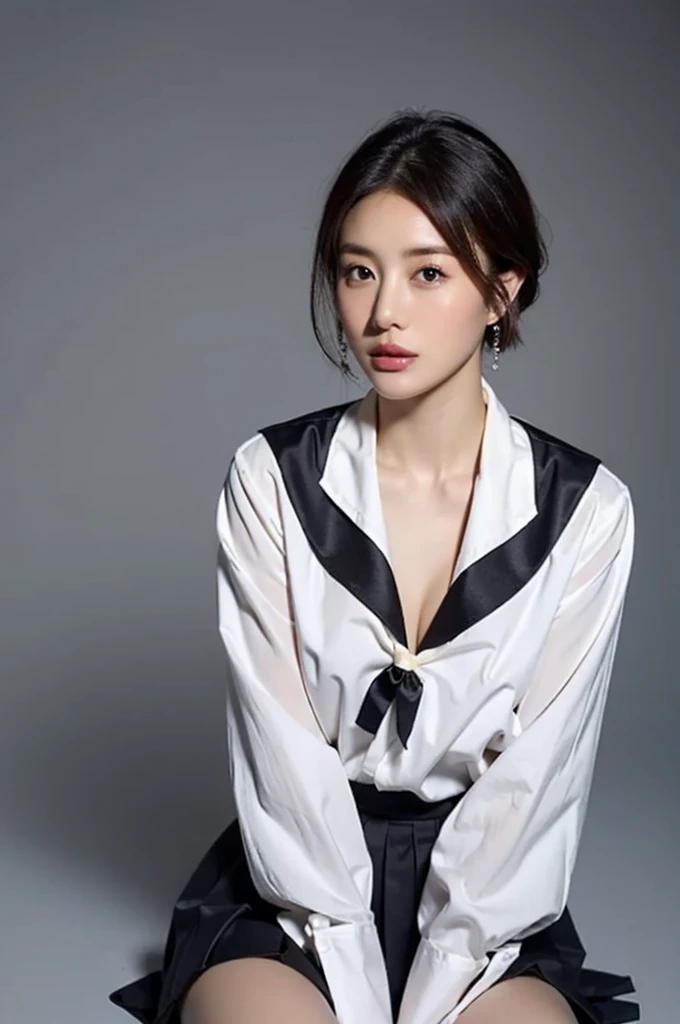 (highest quality,8K,masterpiece),studio photography,
Very beautiful Japan models,fine skin,realistic skin, lip gloss,rouge,
very short hair,pixie cut,
School_uniform, big earrings,costume,sailor suit,sailor uniform,
big breasts,thighs,
skirt, white shirt, big breasts,emphasize cleavage,
gray background