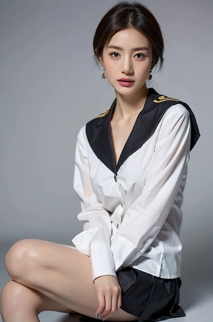 (highest quality,8K,masterpiece),studio photography,
Very beautiful Japan models,fine skin,realistic skin, lip gloss,rouge,
very short hair,pixie cut,
School_uniform, big earrings,costume,sailor suit,sailor uniform,
big breasts,thighs,
skirt, white shirt, big breasts,emphasize cleavage,
gray background