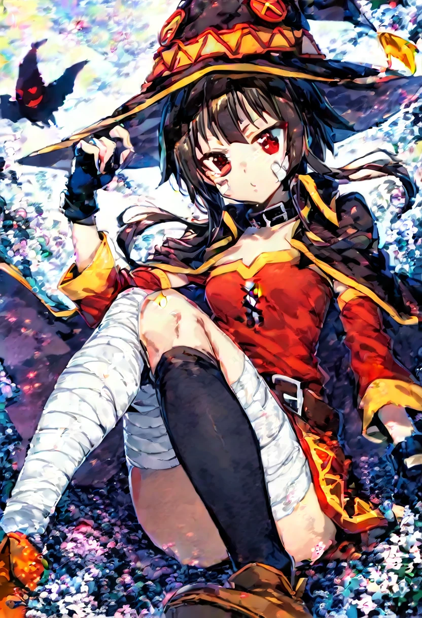 score_9, score_8_up, score_7_up, score_6_up, source_anime, 1girl, (dynamic angle), (perfect image), 8k wallpaper, most detailed, Complex, delicate background, offical art,megumin(konosuba),KonoSuba, (Megumin), short hair, Black Hair, (Red eyes:1.3), short hair with long locks, Knee socks, gloves, dress, black gloves, belt, black Knee socks, fingerless gloves, Cape, collar, witch have, bandage, red dress, Single knee socks, Asymmetrical legwear, Legs wrapped in bandage, Stand and pose, Highly detailed face and skin texture,