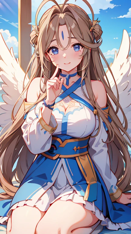 Belldandy, Long Hair, blue eyes, Brown Hair, Facial blemishes, Forehead mark, Mature Woman, smile, 【【Big Wings】】, choker, Lots of bracelets, ring, feather, angel wings、goddess、null, sun, cloud, Highest quality, High resolution, Clear Images、8k wallpaper, (Beautiful attention to detail:1.6), Watery eyes、Watery eye、Highly detailed face, Perfect lighting, Highly detailed CG,whole body、whole、The photo shows Zeshin、青nullを飛んでいる、白いcloud、（（Halo））、Large Breasts