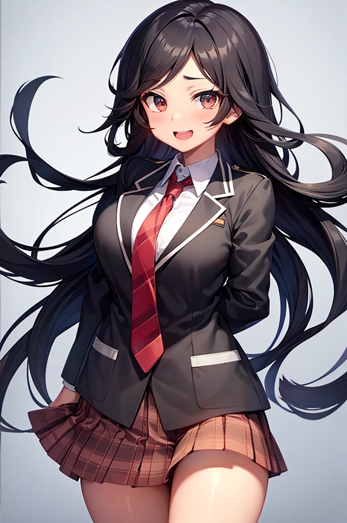 Boku no hero academia capture, students, feminine, square black eyes, black hair, long curly hair, BROWN SKIN, beautiful and attractive, happy and friendly expression, wears uniform red tie gray jacket, classroom background,