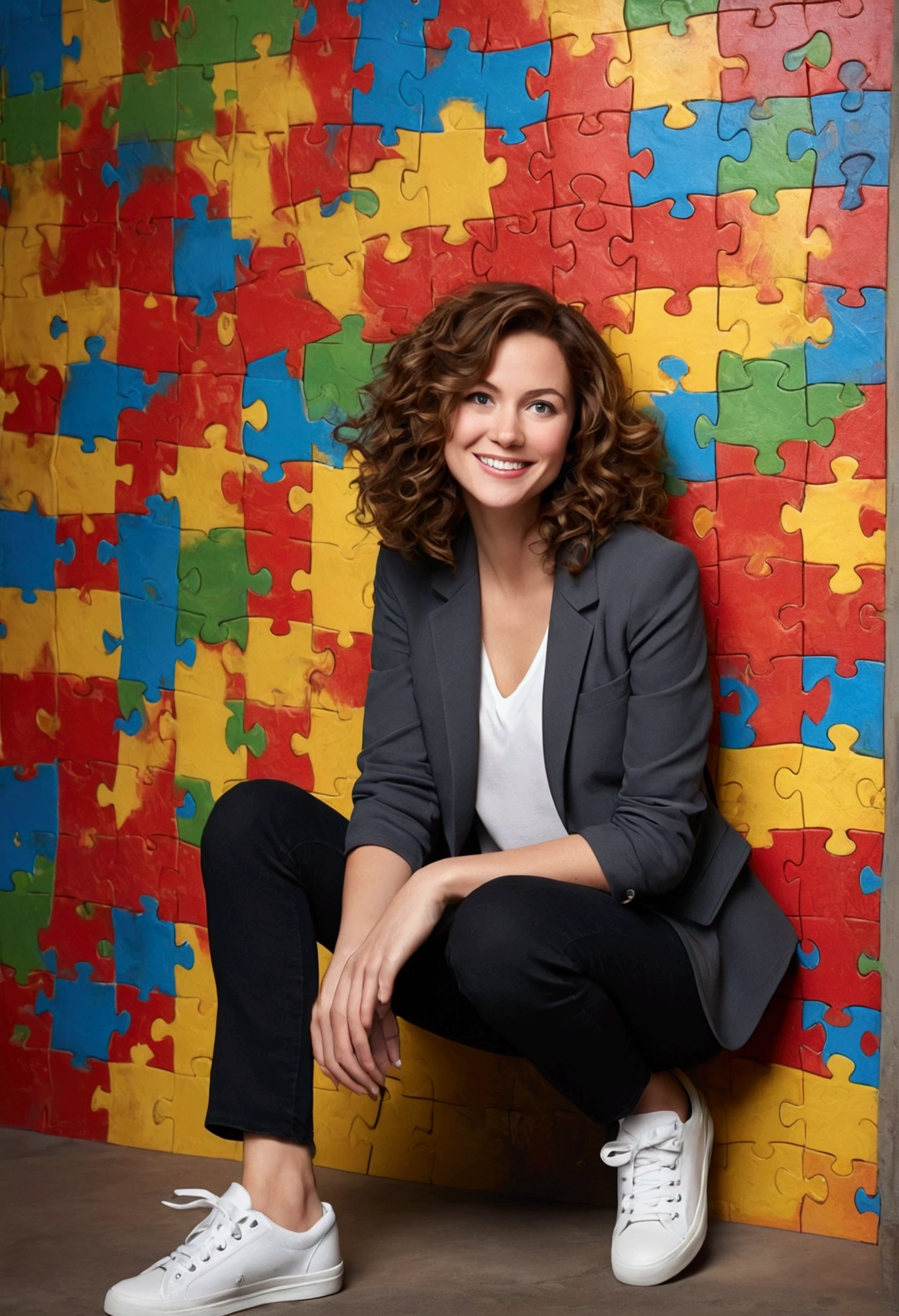 A film inspired by Disney Pixar A 37-year-old woman, with shoulder-length brown hair with lighter strands and very curly hair, round face with charming smile, blue colored eyes, full body, wearing an elegant gray shirt, black blazer, and black jeans and white sneakers. full - length portrait, behind a wall with red puzzle, cerulean, green and yellow. Develop art inspired by Disney Pixar films