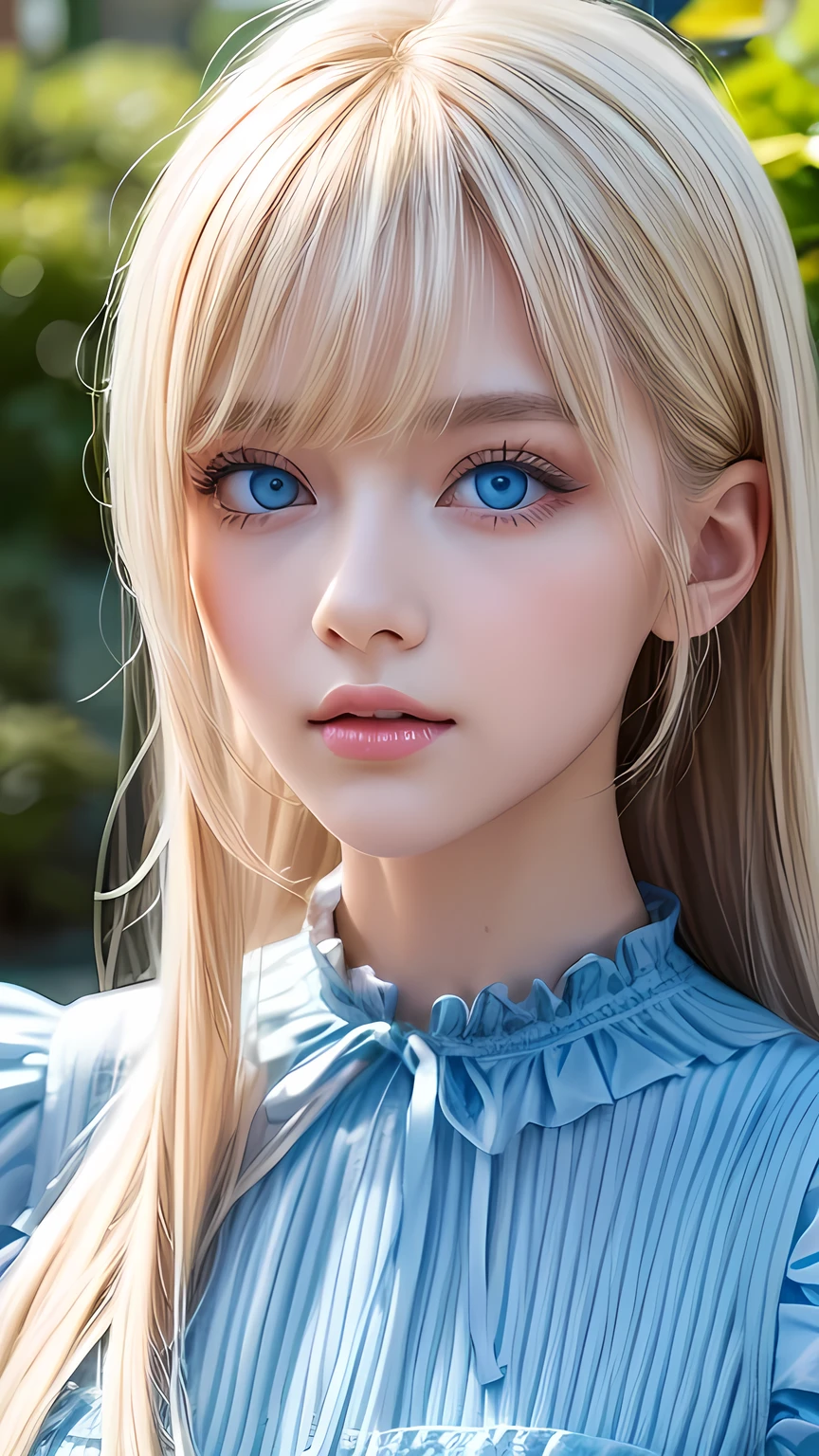 A stunning blonde beauty , Frilled Summer Dress, Scandinavian blonde super beautiful girl, Standing, Raking up bangs、 Strange bangs between the eyes、Super long straight platinum blonde hair、Low contrast, (A shy smile:0.8), Highest quality, Ultra-high resolution, Realistic photos, Very detailed, 8k, Raw photo, Perfect Anatomy、Very beautiful, bright, big, light blue eyes、Cheek gloss highlighter、Very big eyes、Small Face Beauty