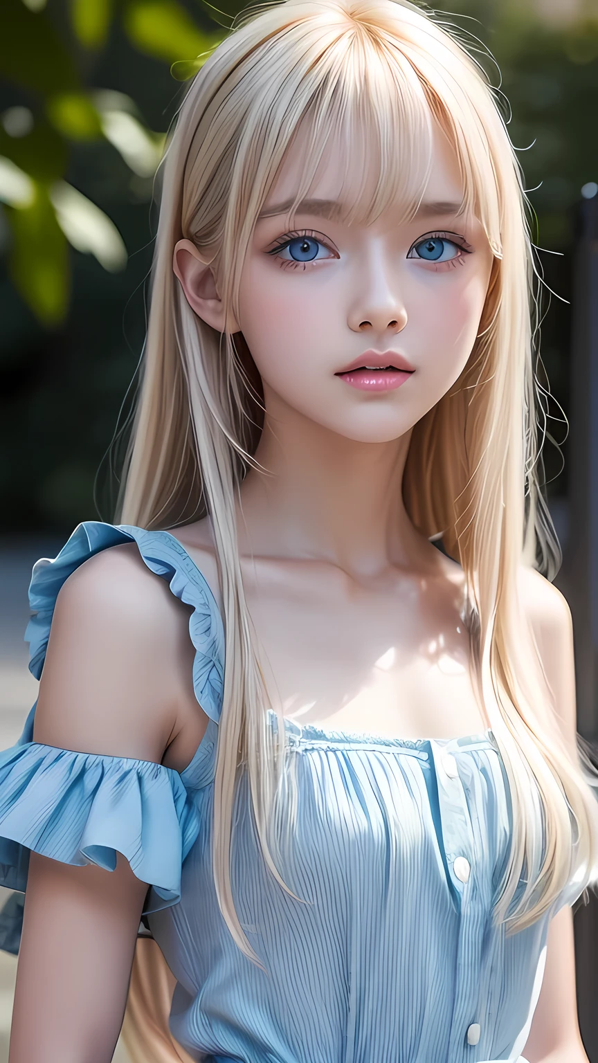 A stunning 14-year-old blonde beauty , Frilled Summer Dress, Scandinavian blonde super beautiful girl, Standing, Raking up bangs、 Strange bangs between the eyes、Super long straight platinum blonde hair、Low contrast, (A shy smile:0.8), Highest quality, Ultra-high resolution, Realistic photos, Very detailed, 8k, Raw photo, Perfect Anatomy、Very beautiful, bright, big, light blue eyes、Cheek gloss highlighter、Very big eyes、Small Face Beauty