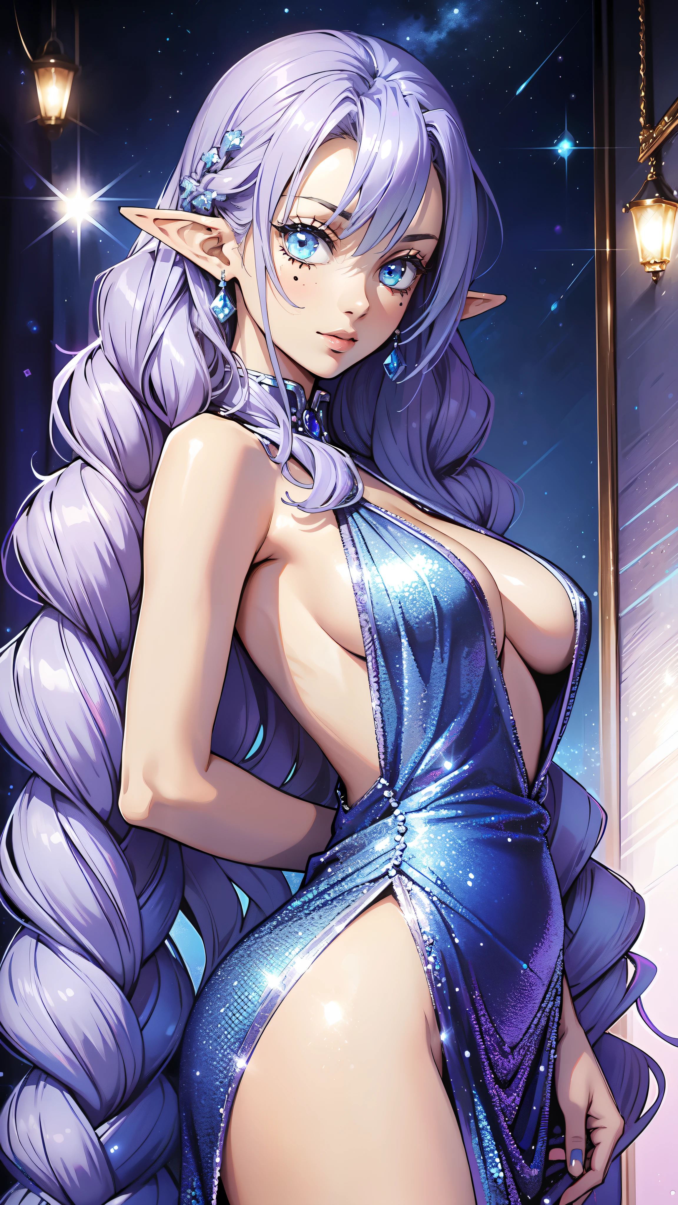 Beautiful sexy girl in a sexy blue-silver blue-lavender sequined dress, brillante, elegante, big ass, mitsuri kanroji,detailed eyes, detaield hands, detailed face, elf woman, full body

