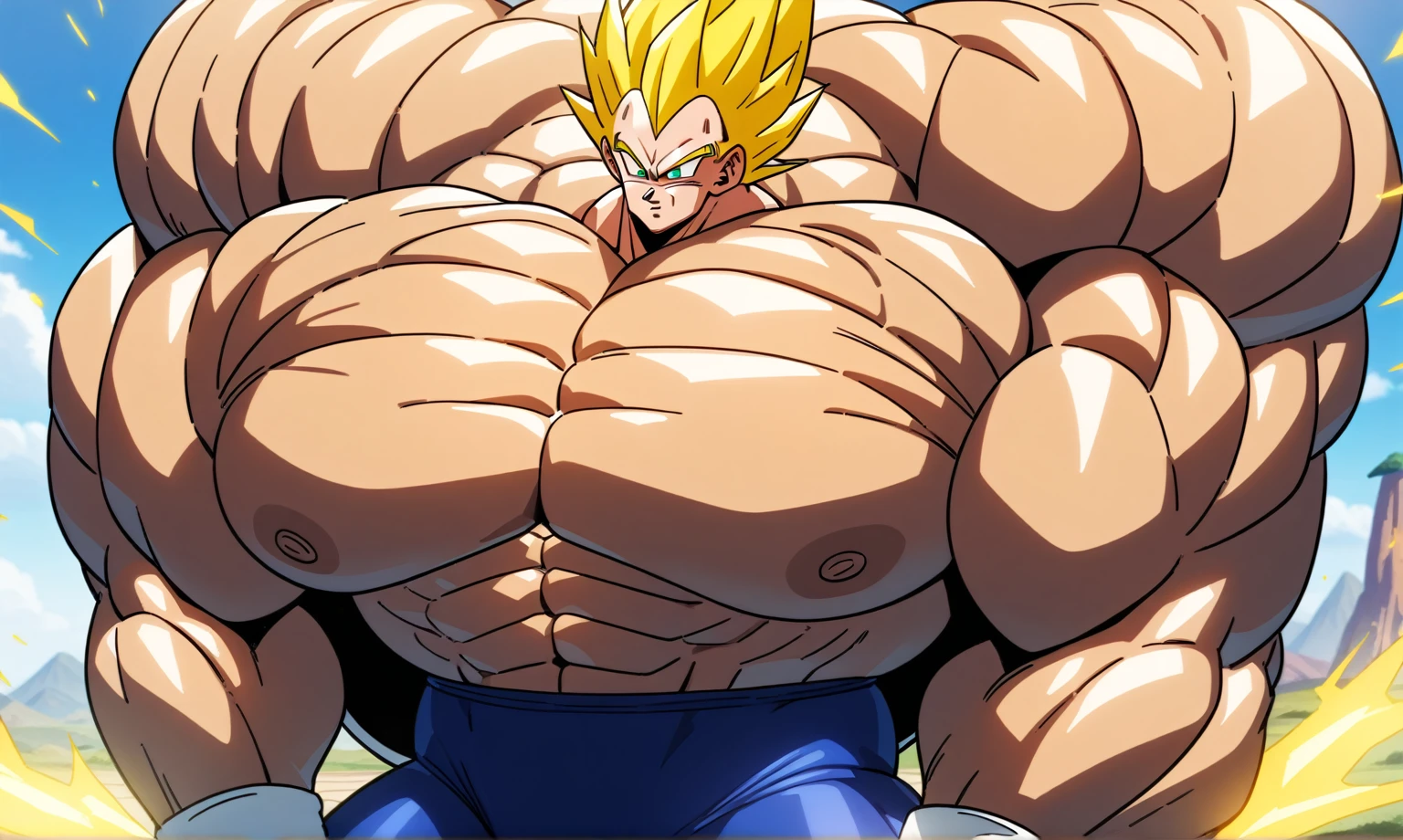 1boy, Vegeta, from Dragon Ball Z, masterpiece, best quality, very aesthetic, absurdres, saiyan, green eyes, spiked hair, (yellow hair:1.5), shirtless, blue skintight pants, white gloves, (huge muscles:2.5), Dragon Ball Z artstyle, in the style of Akira Toriyama, white tiled floor, outdoors, flat-top mountains, nipples, yellow aura, electricity