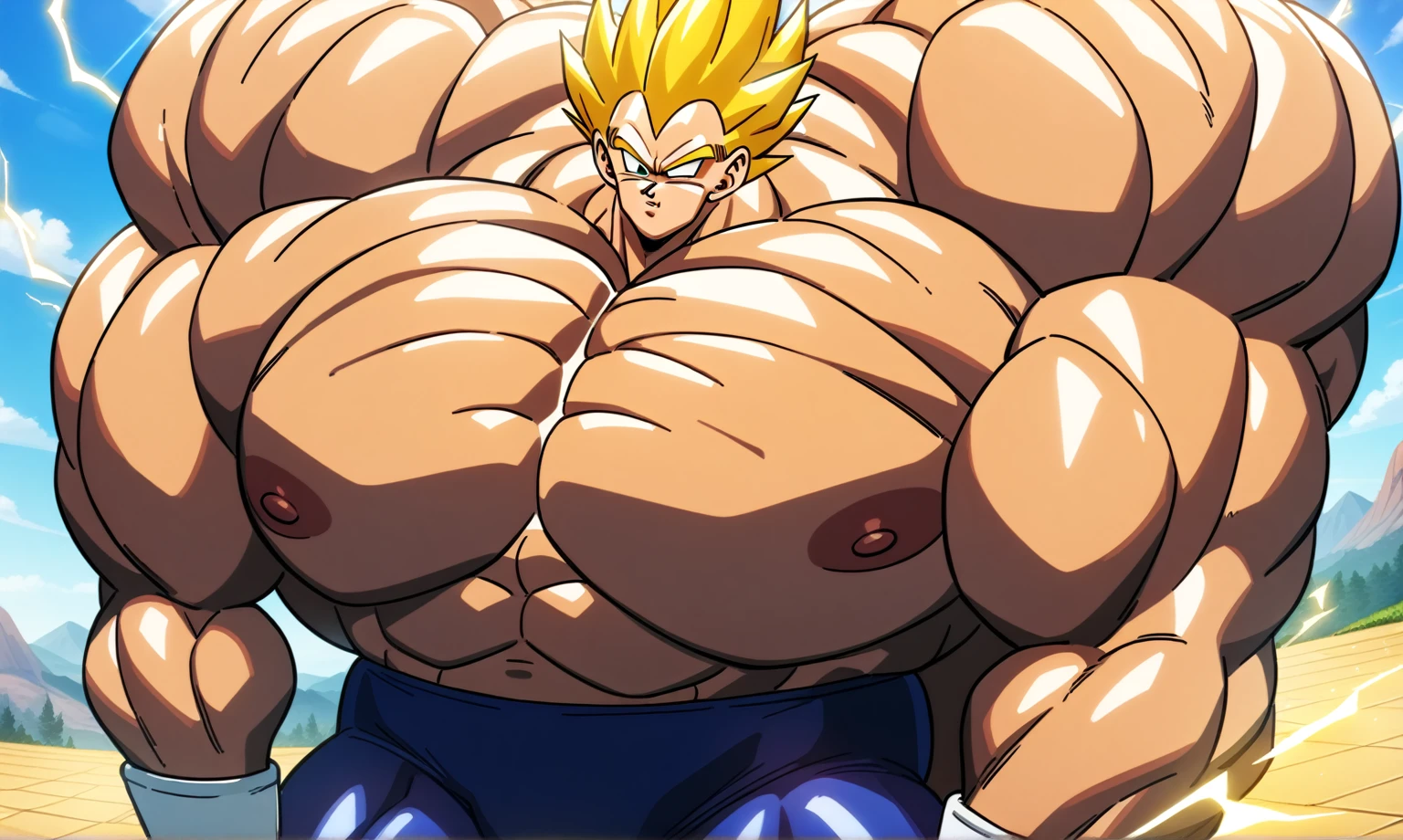 1boy, Vegeta, from Dragon Ball Z, masterpiece, best quality, very aesthetic, absurdres, saiyan, green eyes, spiked hair, (yellow hair:1.5), shirtless, blue skintight pants, white gloves, (huge muscles:2.5), Dragon Ball Z artstyle, in the style of Akira Toriyama, white tiled floor, outdoors, flat-top mountains, nipples, yellow aura, electricity