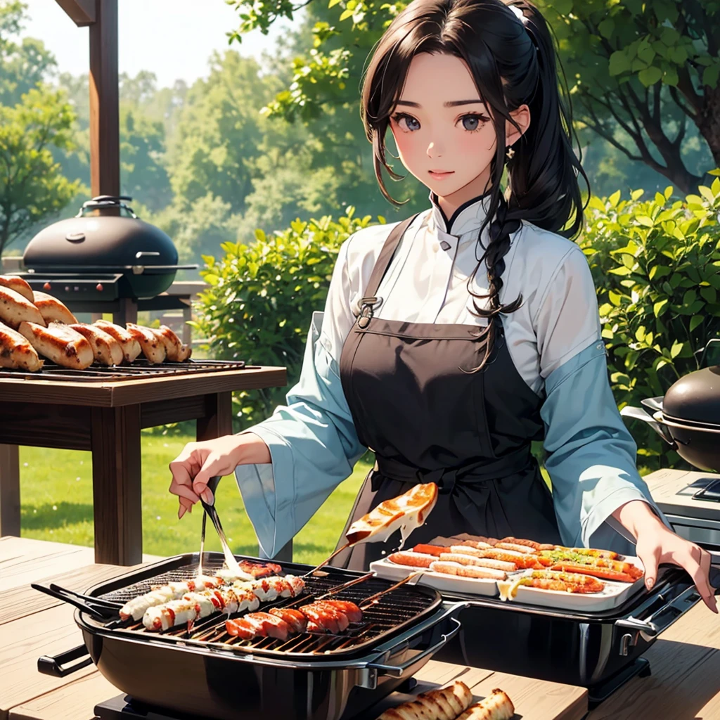 Highest quality、High resolution、Detailed Background、(beautiful face in every detail:1.4)、Anatomically correct、(Draw the normal number of fingers:1.2)、(Detailed facial expressions)、(Detailed eyes:1.2)、(Detailed eyes:1.2)、beautiful, Smooth Skin、age Beauty、(Three Women:1.3)、Huge breasts、(Highly detailed face:1.4)、Brown Hair、Black Hair、cuteカラーの髪色、ponytail、Bobcut、Braided long hair、Wavy Hairstyle、well-groomed eyebrows、Perfect body line、Barbecue Spot、Outdoor cooking area、Cowboy Shot、
(Barbecue Spotで楽しい時間を過ごす女性:1.5)、
You can enjoy a barbecue with your family and friends..、
Bring your own food and grill for outdoor cooking.、
テーブルにcuteテーブルクロスやコースターを使ったりcuteカラーの食器やカトラリーを揃えるとバーベキューがより楽しい雰囲気になります、
We also recommend decorating your table with flowers and greenery..、cute