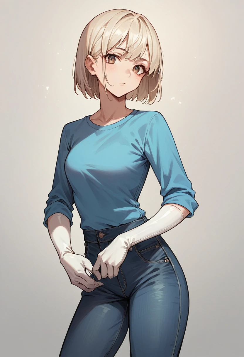 1girl, light hair, ((white elbow gloves)), ((surgical gloves)), ((latex gloves)), (((long sleeves))), ((blue oversize shirt)), ((black baggy jeans)), looking at viewer, standing, solo
