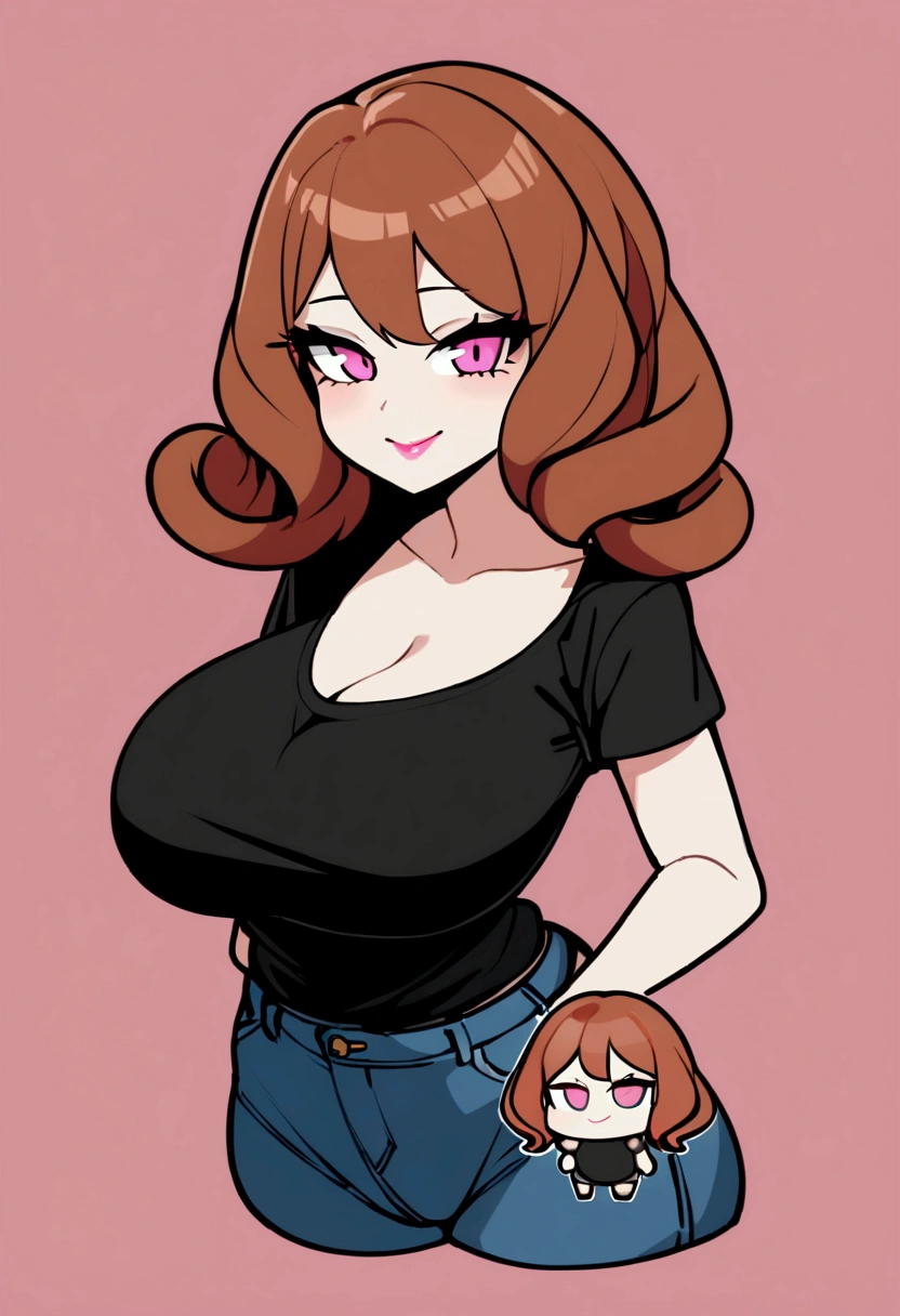 1girl with long brown hair, pink eyes, pink lips, big breasts, curls, horny smile,black t shirt, jeans, ((chibi style)), simple background