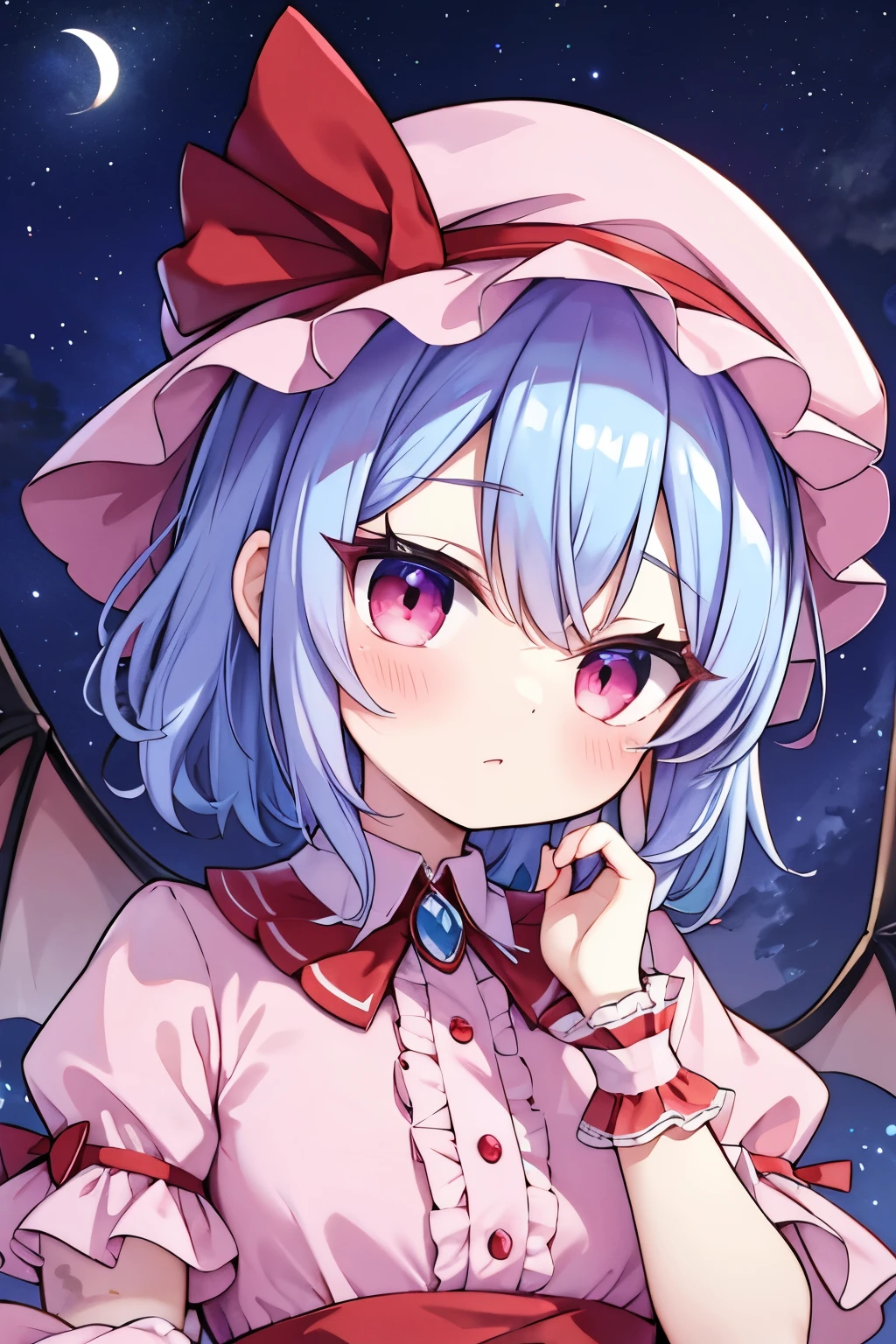 Remilia Scarlet portrait in night sky with blue hair and light pink clothes、hat