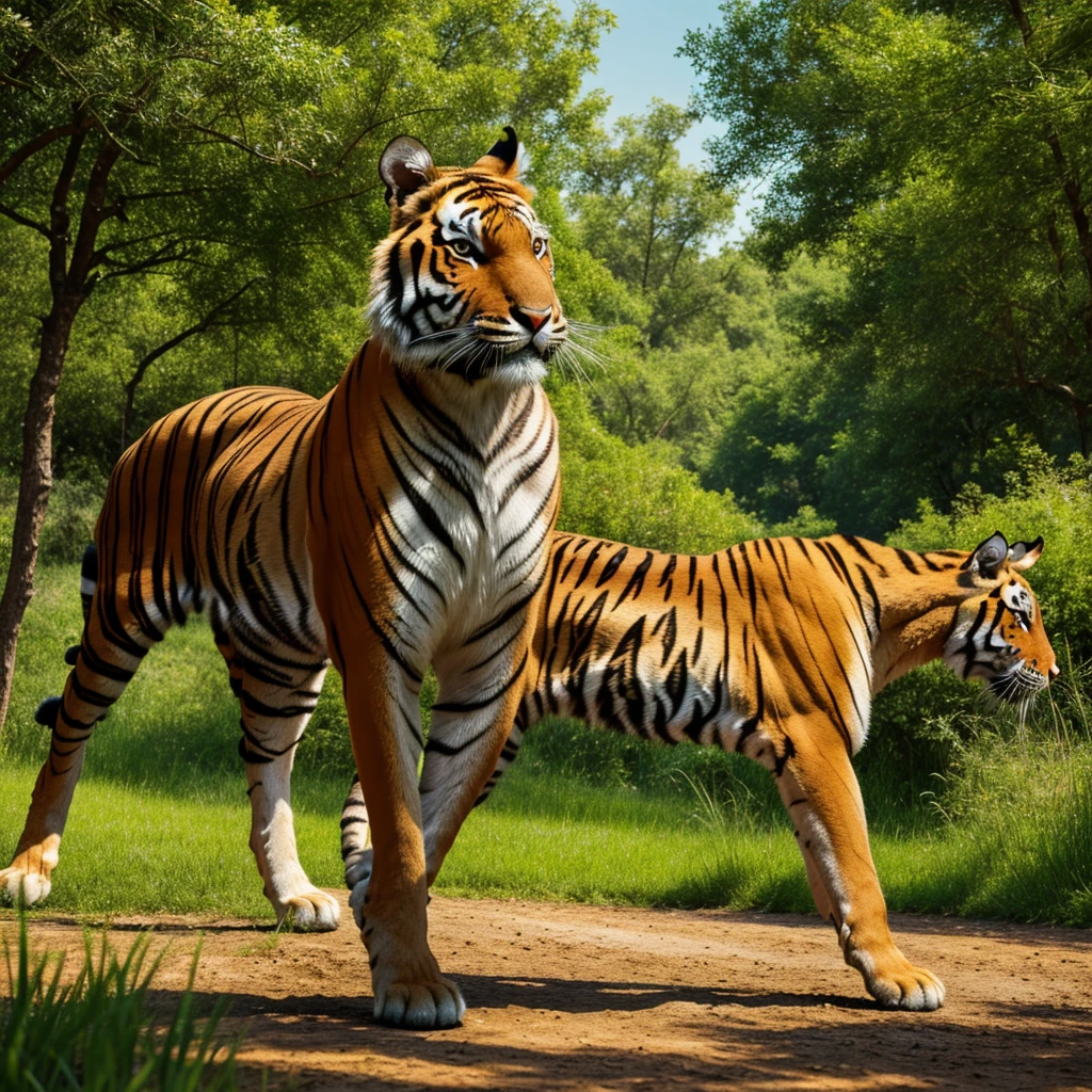 A cute cartoon rabbit in the foreground, with a tiger and a horse in the background, (best quality,4k,8k,highres,masterpiece:1.2),ultra-detailed,(realistic,photorealistic,photo-realistic:1.37),adorable rabbit,cute bunny,detailed rabbit face,expressive rabbit eyes,furry rabbit,whimsical rabbit pose,mischievous rabbit,dynamic tiger,powerful tiger,majestic horse,galloping horse,natural landscape,lush greenery,warm lighting,vibrant colors