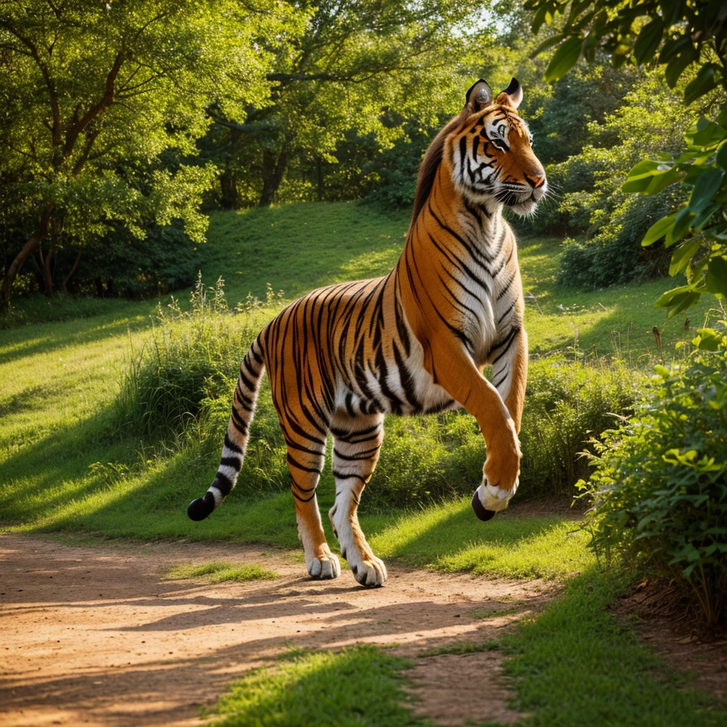 A cute cartoon rabbit in the foreground, with a tiger and a horse in the background, (best quality,4k,8k,highres,masterpiece:1.2),ultra-detailed,(realistic,photorealistic,photo-realistic:1.37),adorable rabbit,cute bunny,detailed rabbit face,expressive rabbit eyes,furry rabbit,whimsical rabbit pose,mischievous rabbit,dynamic tiger,powerful tiger,majestic horse,galloping horse,natural landscape,lush greenery,warm lighting,vibrant colors
