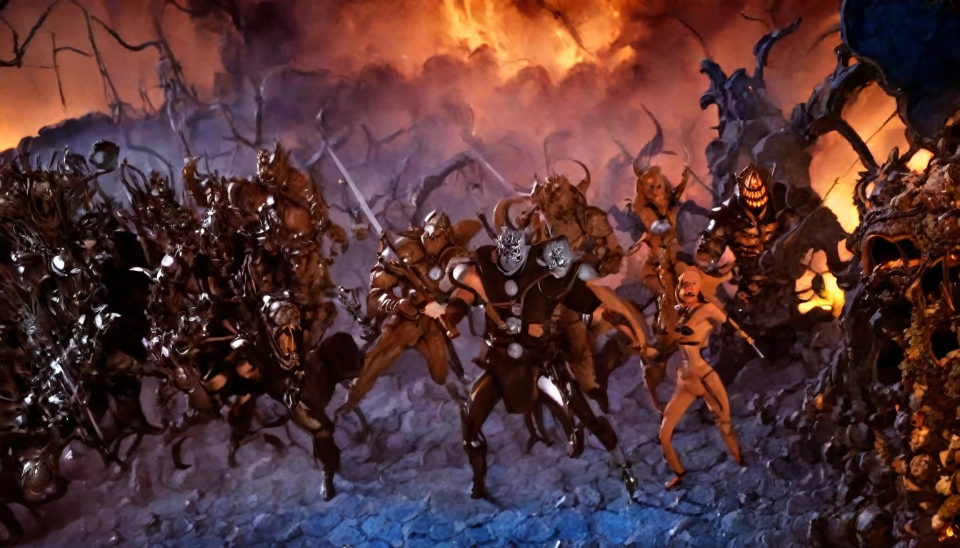 (3D rendering:3.1) in (medium full shot:3.1) of lot of characters from (metal hurlant magazine:3.1), inspired by style of Simon Bisley and style of Ed Binkley art, barbarian warriors in battles against space creatures, monsters, daemons, aliens, mutant, with explosions, smoke and fire (with Creepy, Sci-Fi, Fantasy and Horror:2.9), directed by Ridley Scott (Cinematic:3.1), horror movie, horrified, terrified, insane, disgusting, disturbing, Impactful, cgsociety, hyper-detailed, digital illusions, cyberspace, photorealistic, arts visuals. Ultra detailed, RAW photo, artstation style, concept art, (masterpiece:2.9), 8k, realistic textures, (3D rendering:3.1)