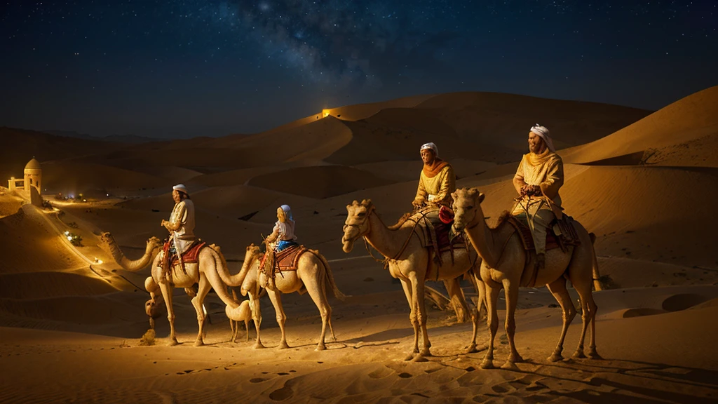 three people riding on 3 camels in the desert with a star in the sky, the wise man is riding on top, epiphany, background artwork, bible illustration, warm and joyful atmosphere, arabian night, holy city | illustration, illustration!, warm beautiful scene, light kingdom backdrop, stylized digital illustration, arabian nights, beautiful image, golden heavenly lights, sand desert fantasy