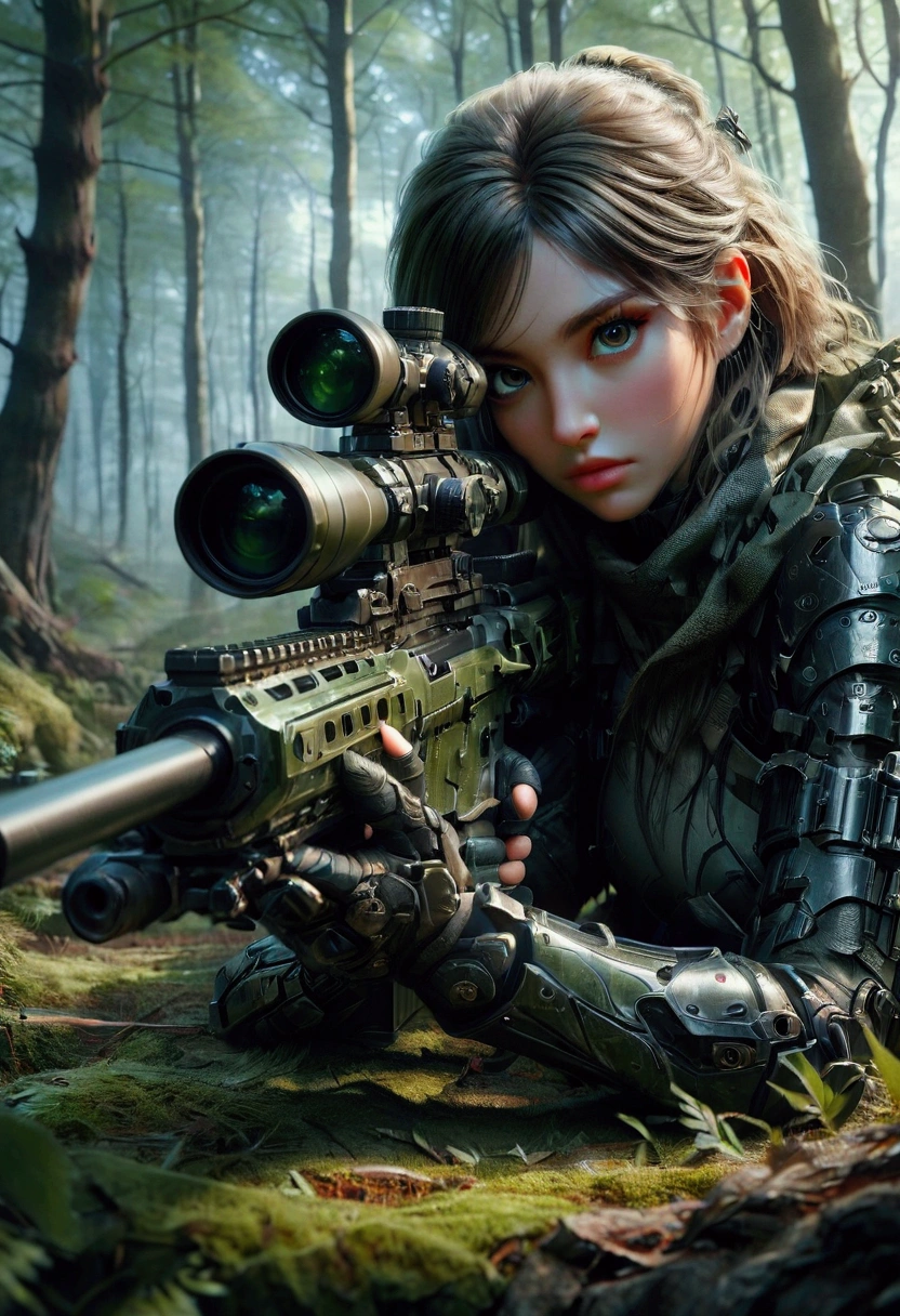 1girl, Sniper, A highly detailed, portrait of a skilled sniper in a camouflage uniform, lying prone with a high-powered sniper rifle, focused intently through the scope, surrounded by lush foliage in a forest environment, dramatic lighting, cinematic composition, hyper-detailed textures, muted color palette, gritty, masterpiece, best quality, very aesthetic, absurdres