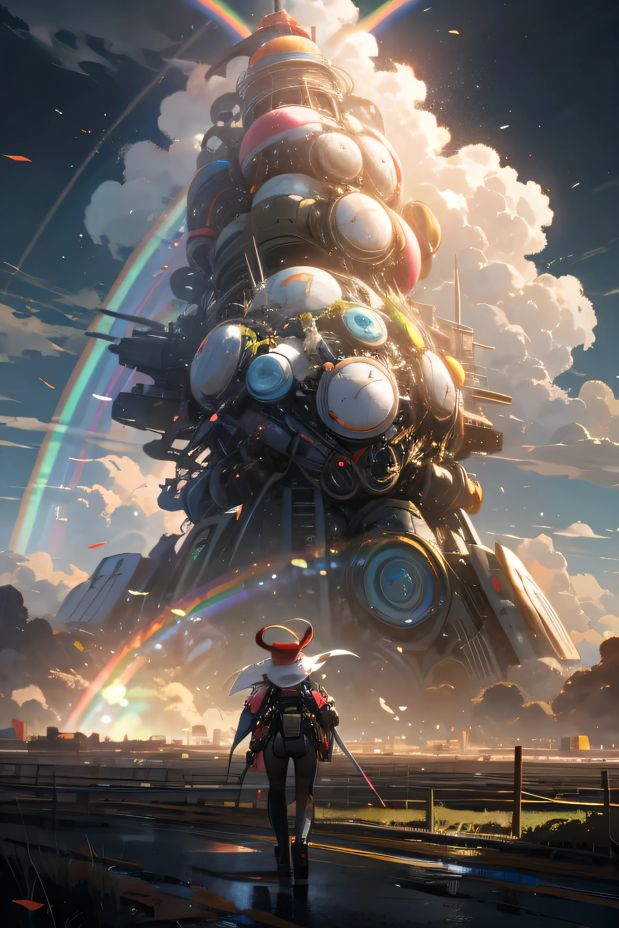 anime style, super fine illustration, highly detailed, dynamic angle, beautiful detailed, 8k, Rainbow over the meadow under the clowly on a battle day. BREAK Cute anthropomorphic Robot is sadly walking, under the rainbow. BREAK Robot in colorful harmonize with the rainbow, creating a beautiful scene.Break dystopia,Disillusioned,City,Landscape painting,Break MECA,droid,human_no,