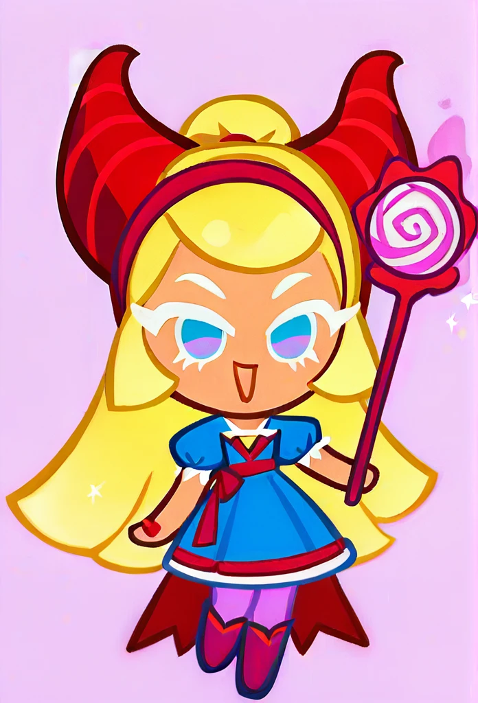 chibi, full body, CookieRun, 1girl, yellow hair, long hair, blue eyes, red headband with small horns, small red horns, blue dress, pink tights, purple boots, magic wand in hands