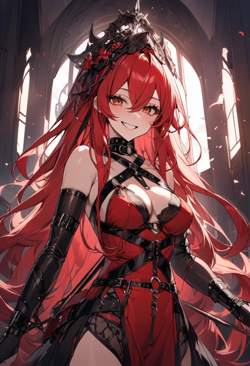 goddess(red long hair, black bondage), smiling,