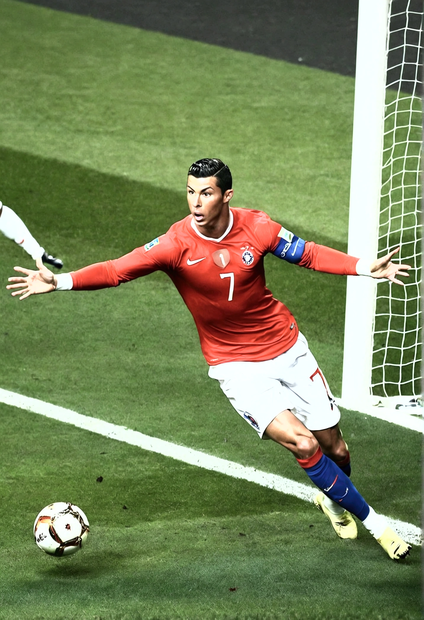 Masterpiece, high quality, Best Quality, beautiful, High Definition, perfect lighting (Cristiano scoring a Chilean goal)