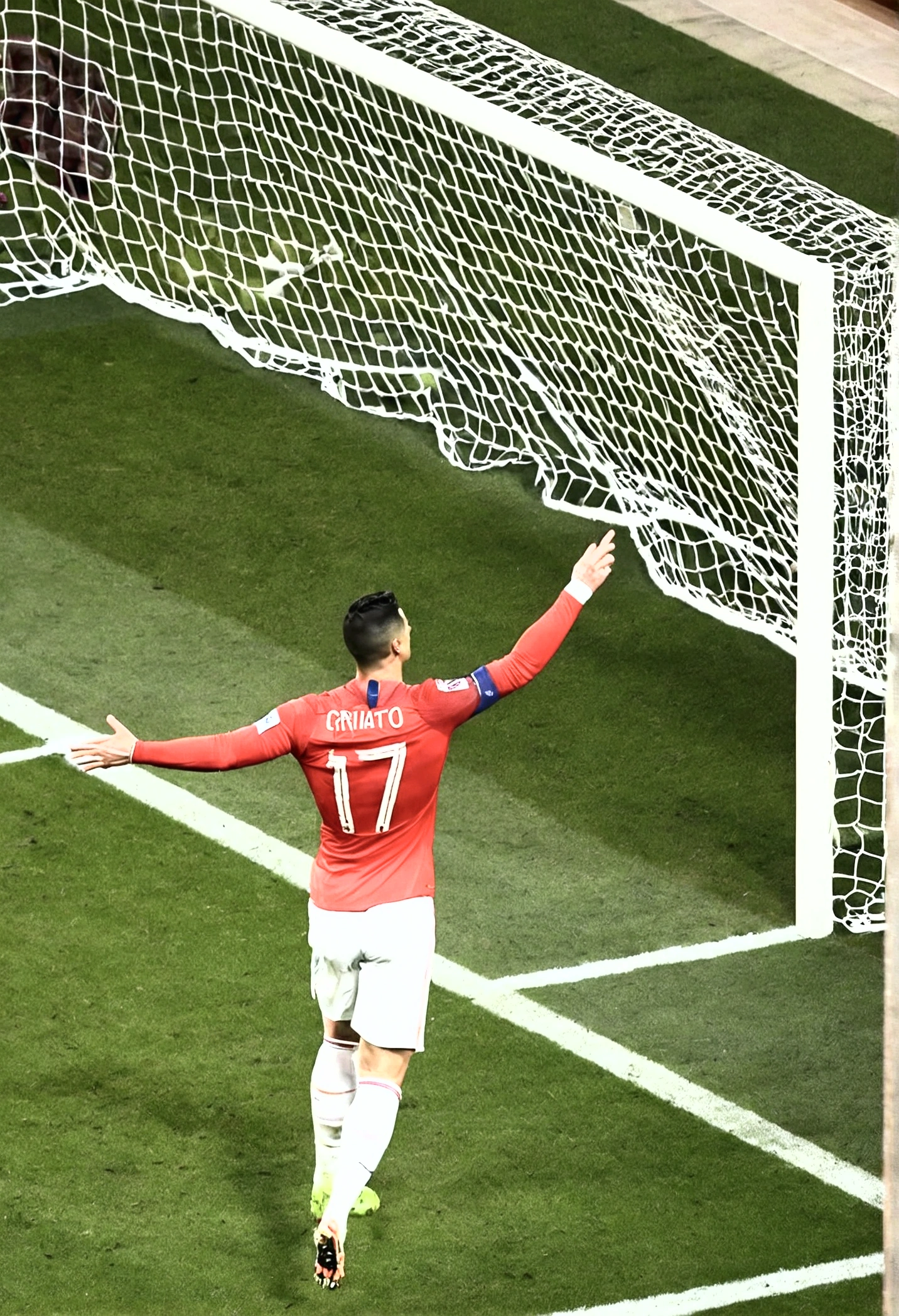 Masterpiece, high quality, Best Quality, beautiful, High Definition, perfect lighting (Cristiano scoring a Chilean goal)