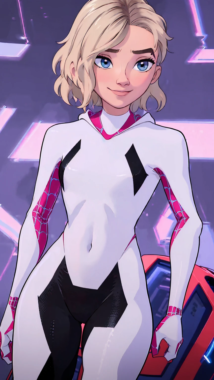 (masterpiece, top quality, best quality, official art, beautiful and aesthetic:1.2),highly detailed face,1girl,gwen_stacy, (portrait:1.3),spider-gwen suit , bodysuit ,thick wiast,big ass, superhero,(extremely detailed,highres, highest detailed,8k,absurdres,CG),happy,full body pose,cowboy shot,grab breast,smirk,cute smile, horny, 