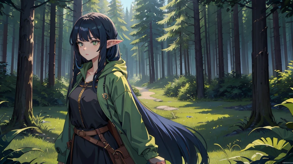 Create a full-body shot of a female character with long, dark blue hair and a white streak on one side. She has large, expressive yellow eyes and pointed elf-like ears. She is wearing a green jacket over a black top, and her expression should be one of surprise or curiosity. The background should be a forest setting with green trees and a natural ambiance, making the image suitable for an iPhone wallpaper