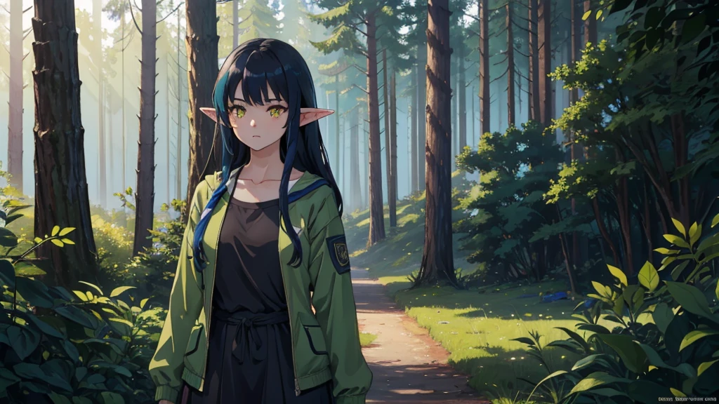 Create a full-body shot of a female character with long, dark blue hair and a white streak on one side. She has large, expressive yellow eyes and pointed elf-like ears. She is wearing a green jacket over a black top, and her expression should be one of surprise or curiosity. The background should be a forest setting with green trees and a natural ambiance, making the image suitable for an iPhone wallpaper
