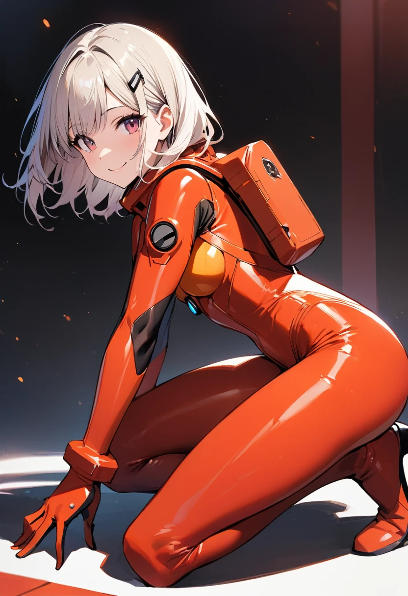 (masterpiece:1.2),Highest quality,Pixiv ,One girl,alone,View your viewers,,smile,White background only,whole body,From the side,One knee,,Look to the side、white background only、Hair Clip, wise_Bodysuits, Pilot Suit, gloves, Plug Suit, red Bodysuits