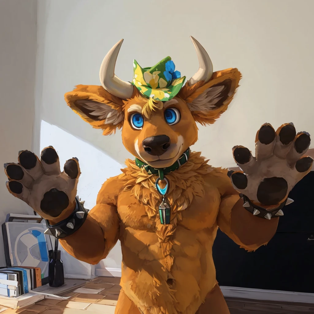 an anthropomorphic yellow-orange colored fur bull, he has blue eyes, he has yellow hair, muscular body, he's standing, with his brown paws up, he has two black spiky bracelets on his arms and a green collar on his neck, closed smile, he has a green summer hat on his head between his horns, high quality furry art, animal crossing style.