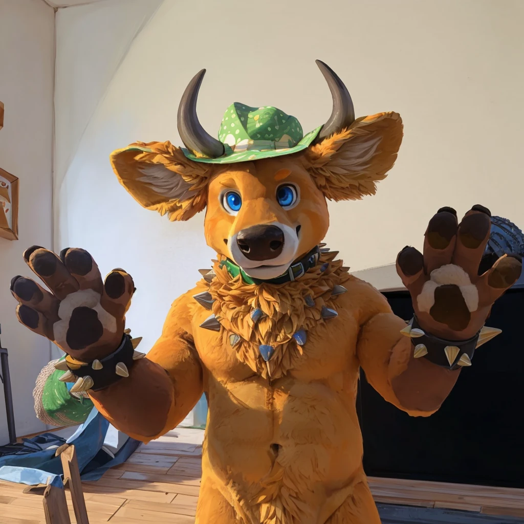 an anthropomorphic yellow-orange colored fur bull, he has blue eyes, he has yellow hair, muscular body, he's standing, with his brown paws up, he has two black spiky bracelets on his arms and a green collar on his neck, closed smile, he has a small and green summer hat on his head between his two horns, high quality furry art, animal crossing style.