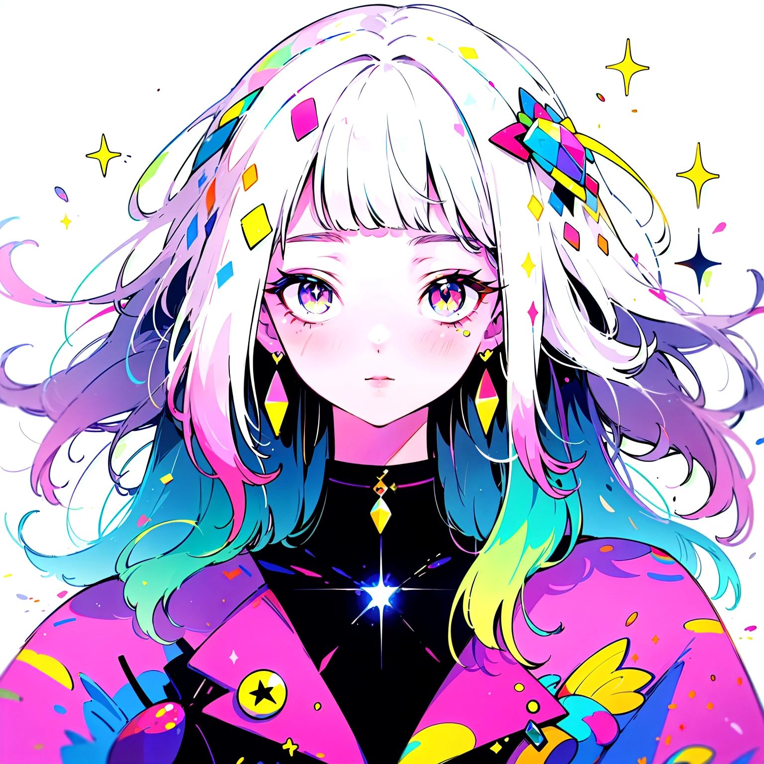 masterpiece, Highest Quality, expensive_quality, expensive_solve, masterpiece*Portrait, whitespace, colorful, One girl, alone, white_hair, prism hair, [pink|green] eye, Gradient Eye, multicolored eye, Shine eye, Shine, glitter, Shine white particles, Wind power increase, full_body, Severe,