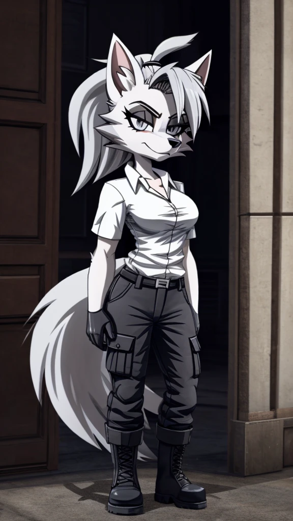 Loona from Helluva Boss, female wolf, anthro, mature adult, soft white short hair with ponytail, grey eyes, tall, muscular, white shirt, black cargo pants, black boots, solo, beautiful, high quality, precise, full body, anime style, 4K