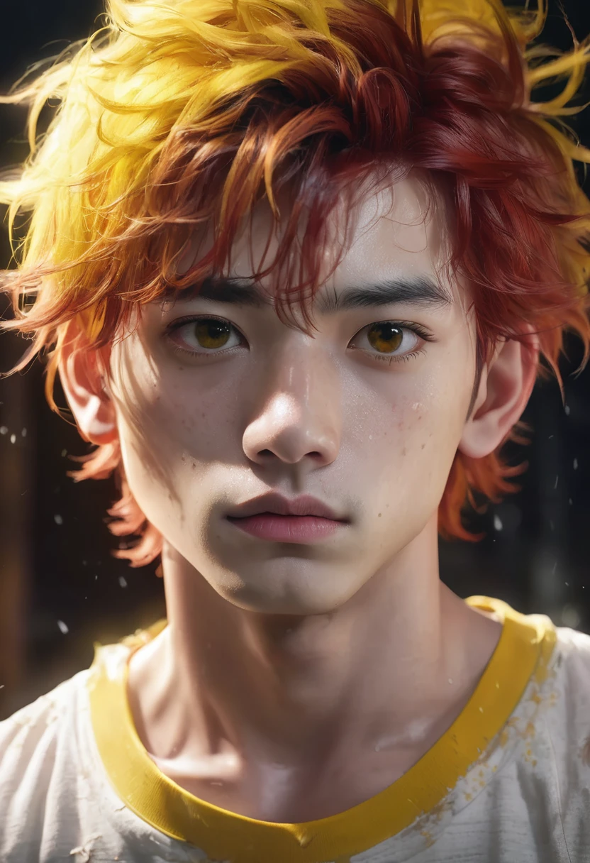 1 boy, wearing a yellow shirt, masculine brown eyes, detailed white skin, voluminous and messy red hair, white skin, dramatic lighting, cinematic composition, cold palette, cheerful expression, night environment, light colors, atmospheric fog, thin chin , 20 years (best quality, 4K, 8K, high resolution, art: 1.2), ultra-detailed, (realistic, photorealistic, photorealistic: 1.37)