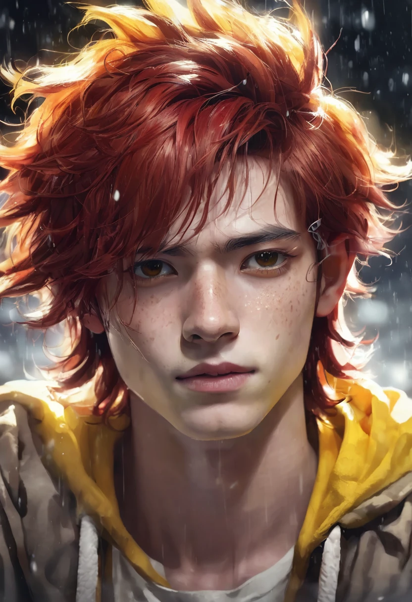 1 boy, wearing a yellow shirt, masculine brown eyes, detailed white skin, voluminous and messy red hair, white skin, dramatic lighting, cinematic composition, cold palette, cheerful expression, night environment, light colors, atmospheric fog, thin chin , 20 years (best quality, 4K, 8K, high resolution, art: 1.2), ultra-detailed, (realistic, photorealistic, photorealistic: 1.37)