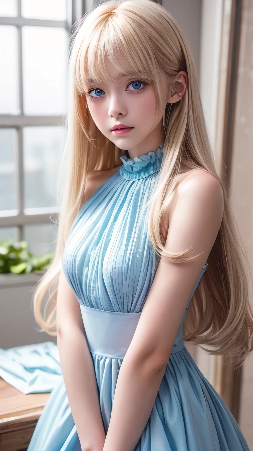 A stunning 14-year-old blonde beauty , Frilled Summer Dress,  Scandinavian blonde super beautiful girl, Standing, Raking up bangs、 Strange bangs between the eyes、Super long straight platinum blonde hair、Low contrast, (A shy smile:0.8), Highest quality, Ultra-high resolution, Realistic photos, Very detailed, 8k, Raw photo, Perfect ???????、Very beautiful, bright, big, light blue eyes、Cheek gloss highlighter、Very big eyes、Small Face Beauty