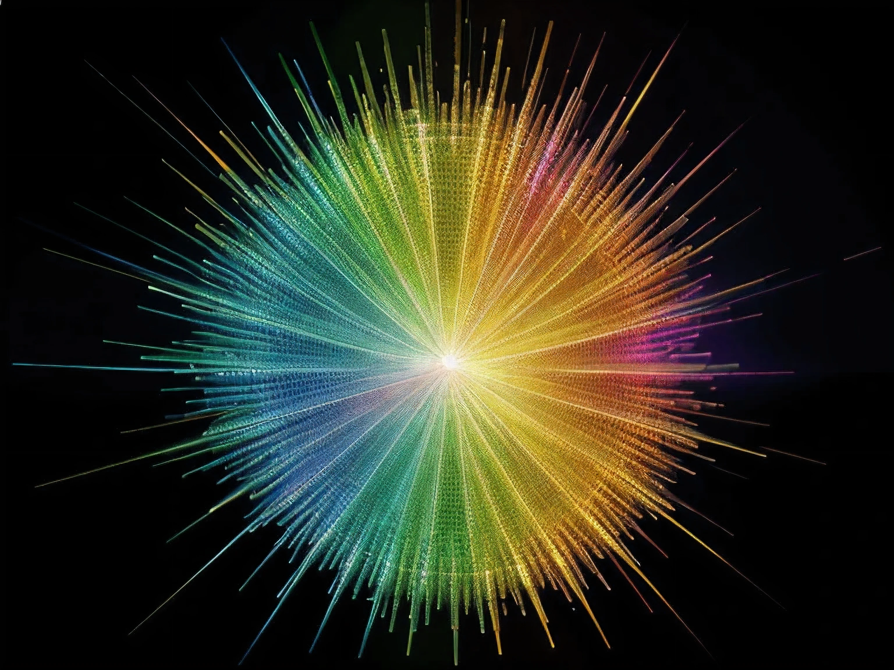 Matrix of elongated honeycombs with edges that shimmer in rainbow colors.