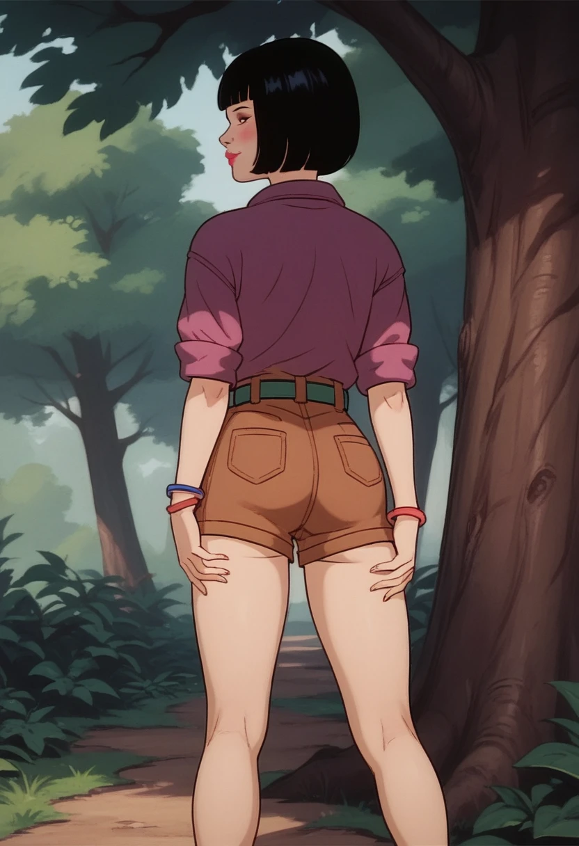 score_9, score_8, score_7, score_8_up, score_7_up, score_6_up, solo, xgix,1girl,black hair,bob cut,blunt bangs,brown eyes,lipstick,bracelet, shirt,belt,brown shorts, in wood, standing by tree, bending over, ass, back view, shy smile, blush, hands on ass, 