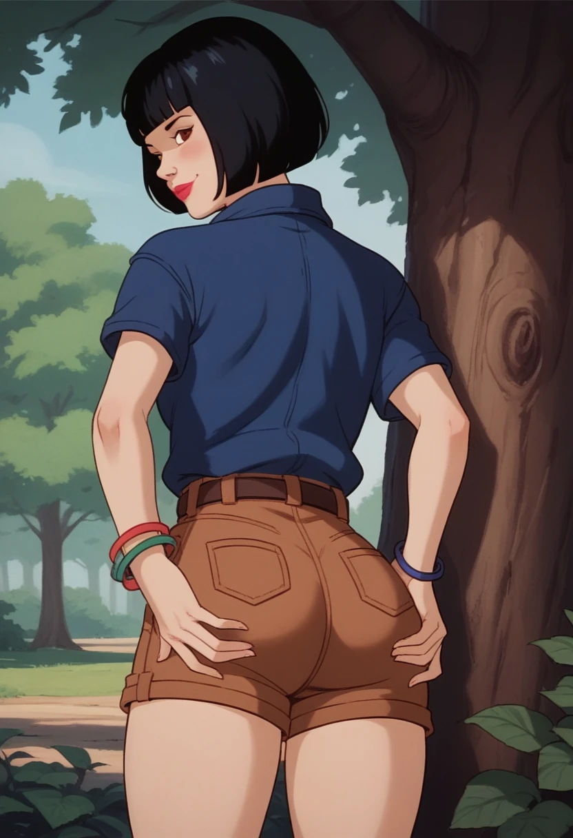 score_9, score_8, score_7, score_8_up, score_7_up, score_6_up, solo, xgix,1girl,black hair,bob cut,blunt bangs,brown eyes,lipstick,bracelet, shirt,belt,brown shorts, in wood, standing by tree, bending over, ass, back view, shy smile, blush, hands on ass, 