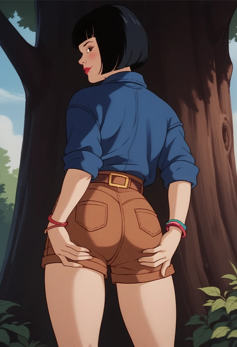 score_9, score_8, score_7, score_8_up, score_7_up, score_6_up, solo, xgix,1girl,black hair,bob cut,blunt bangs,brown eyes,lipstick,bracelet, shirt,belt,brown shorts, in wood, standing by tree, bending over, ass, back view, shy smile, blush, hands on ass,