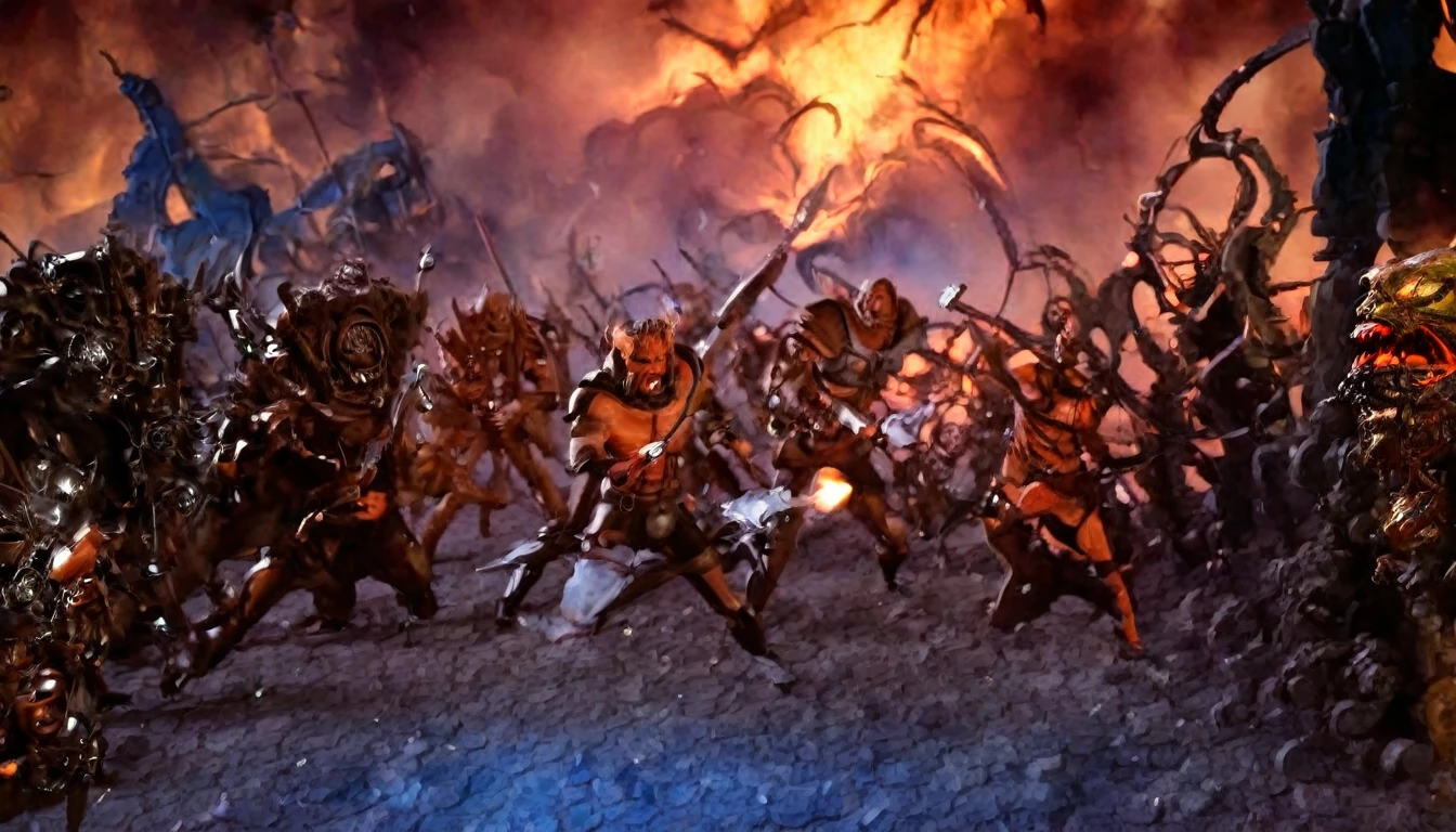(3D rendering:3.1) in (medium full shot:3.1) of lot of characters from (metal hurlant magazine:3.1), inspired by style of Simon Bisley and style of Ed Binkley art, barbarian warriors in battles against space creatures, monsters, daemons, aliens, mutant, with explosions, smoke and fire (with Creepy, Sci-Fi, Fantasy and Horror:2.9), directed by Ridley Scott (Cinematic:3.1), horror movie, horrified, terrified, insane, disgusting, disturbing, Impactful, cgsociety, hyper-detailed, digital illusions, cyberspace, photorealistic, arts visuals. Ultra detailed, RAW photo, artstation style, concept art, (masterpiece:2.9), 8k, realistic textures, (3D rendering:3.1)