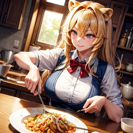 A beautiful lion beast woman is making katsudon