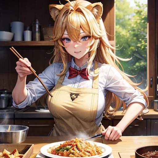 A beautiful lion beast woman is making katsudon