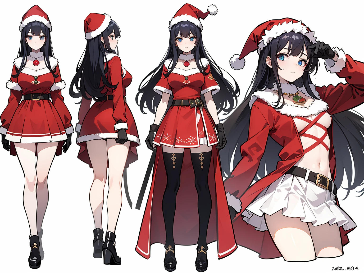 (CharacterDesignSheet, Same role, Facade), Merry Christmas, 1 beautiful and cheerful woman, messy blue-black hair with bangs covering her left eye and two long locks framing her face, light blue eyes, pale skin, beauty, medium breasts, cheerful, beautiful and shapely full body, full body, shy in nature, detailed, embarrassed, blushing, spotlights, full body, masterpiece, 15 years old, height 148cm, beautiful body, ((red potato hat noel, santa claus costume, (a miniskirt, black gloves)), (christmas necklace), smiling, Best quality, high detail, high quality, 8k, detailed eyes, far away view, full body, full view, with a gift in his hands, high resolution, Ultra-sharp, 8k, Masterpiece, festive Christmas atmosphere, seen from afar, full body, high resolution, full body, high resolution, Ultra-sharp, 8k, Artwork master, (high resolution), ((tmasterpiece)), ((Best Quality)), Character Sketches, Concept-Art, Character Concept Art, pixiv, Cheat Sheet, Role Chart, Multiple Poses and Expressions, Highly detailed, depth, poses, many parts, (simple background, white background :1.3), detailed face, full body, dynamic poses, shy poses, standing, feminine poses, attractive poses, best quality, 4k, Masterpiece, The best quality, high detail, high quality, 8k, far away view, full body, detailed eyes, high resolution, Ultra-sharp, 8k, Merry Christmas, Masterpiece, best quality, full of details, Front Body View, View back body, Highly detailed, depth, detailed face, best quality, 4k, Masterpiece, Best quality, high detail, high quality, 8k, far away view, full body, detailed eyes, high resolution, Ultra-sharp, 8k, Masterpiece, best quality, intricate details, perfect detailed face, winter, midnight, lighting, snow, snowfall, freezing weather.